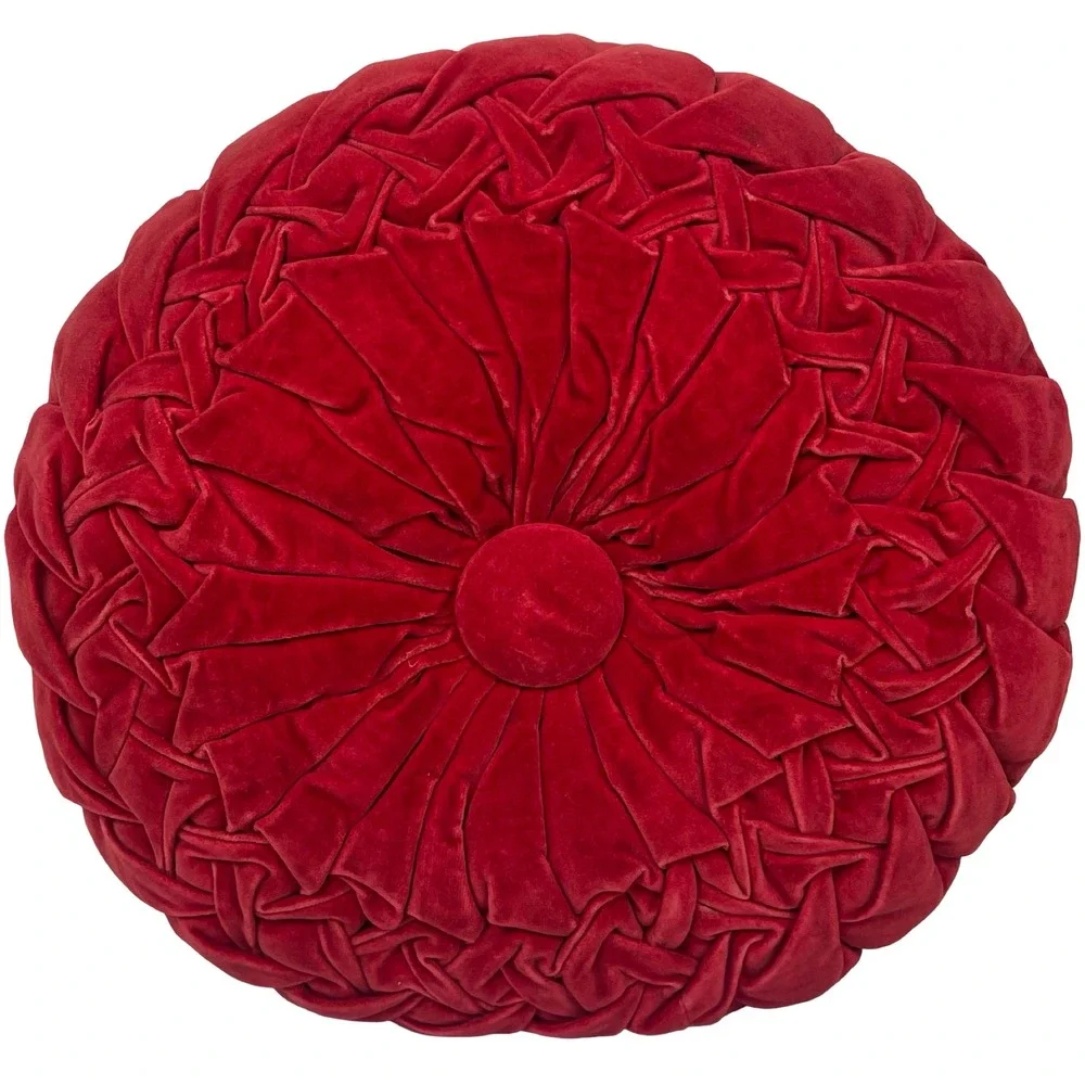 Round Smocked Velvet Decorative Throw Pillow Red Mid-Century Modern Accent